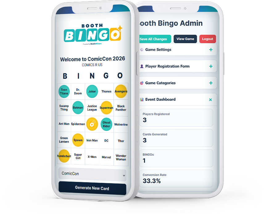 Booth Bingo gameplay and admin dashboard displayed on phones
