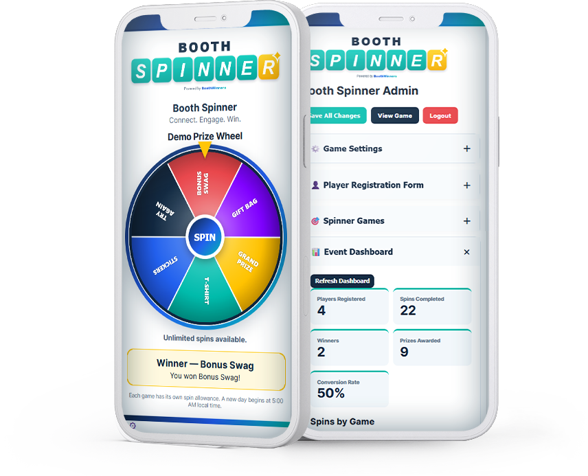 Booth Spinner gameplay and admin dashboard displayed on phones
