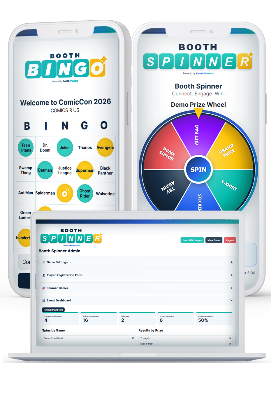 Booth Bingo and Booth Spinner on phones with the event administration dashboard on a laptop